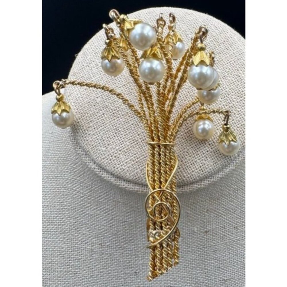 Hobe' Weeping Willow Faux Pearl Rhinestone Brooch Pin All Pearls Intact